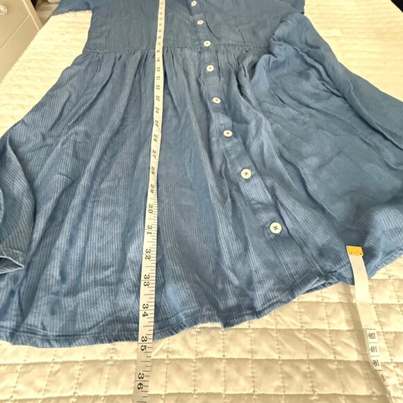 Color Thread Blue Button-Up Tunic Dress W/ Pleated Waist & Rolled Tab Sleeves, S - Picture 9 of 9